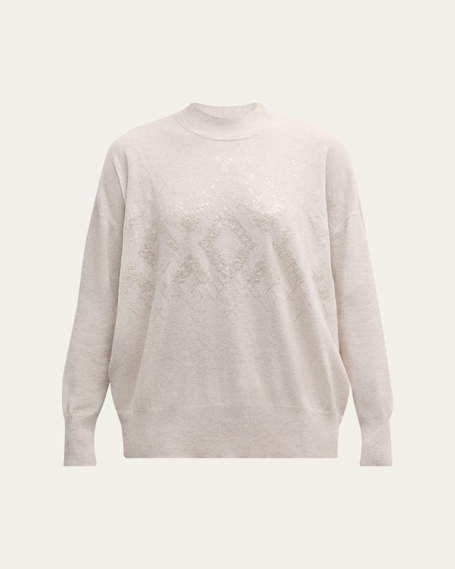 Mock-Neck Tonal Mountain Mosaic Sequin Cashmere Sweater